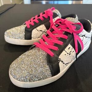 Black & White paint splatter Embellished Sneakers with Hot Pink Laces & Glitter